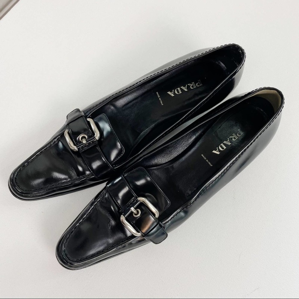 Prada Black Leather Buckle Loafers